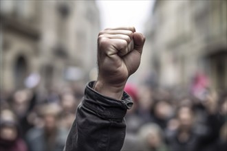 Man's raised fists with blurry crowd of rioting people in background. KI generiert, generiert AI