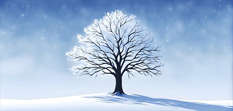 Abstract minimalist winter scene with a single, sharp silhouette of a snow-covered tree on a vast,