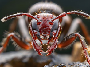 Extreme close-up of a red ant (Formica rufa), focusing on its sharp mandibles, textured