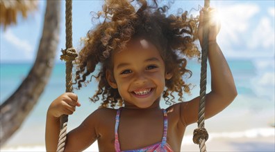 Happy smiling children on a swing at see shore on family Caribbean vacation near the ocean beach,