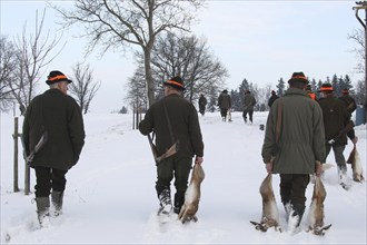 Hunter with hare (Lepus europaeus) in the snow, on the way to the assembly point, Lower Austria,