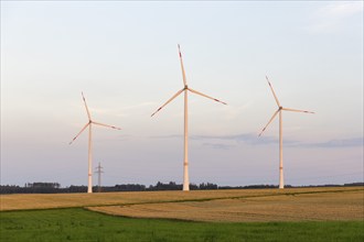 Wind turbine on field, wind turbines, overhead power line, Swabian Alb, Baden-Württemberg, Germany,