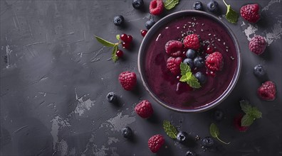 Flat lay view of acai bowl smoothie and Spirulina algae with berries. Healthy diet, AI generated