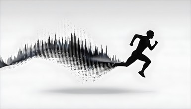 Wave of data points shaping into a runners silhouette, abstract illustration in black and white,