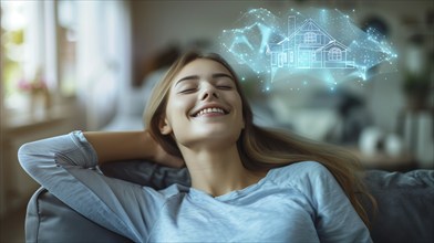 Smiling young woman daydreaming on her couch visualizing a new house. generative AI., AI generated