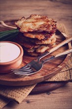 Potato pancakes, pancakes with sour cream, Belarusian dish, homemade, no people