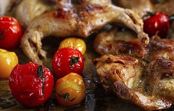 Grilled quail meat, on a platter, tobacco, in the oven, with spices, homemade, without people