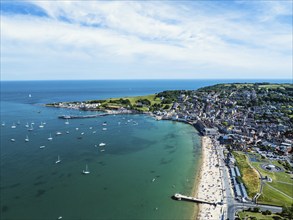 Swanage and Swanage Bay from a drone, Jurassic Coast, Dorset Coast, Poole, England, United Kingdom,