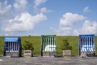 Beach chairs on the promenade, Wyk, Föhr, North Sea island, North Frisia, Schleswig-Holstein,