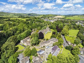 Skipton Castle from a drone, North Yorkshire, England, United Kingdom, Europe