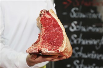 Butcher holds a dry aged T-bone steak in his hand