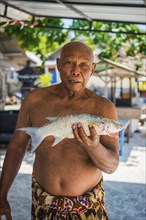 Indonesian fishmonger at a market, fish, man, food, foodstuff, local, travel, long distance,