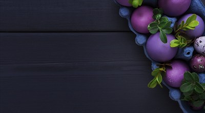 Easter eggs, purple and lilac, on a gray wooden table, Easter card, banner, selective focus,