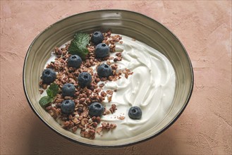 Yogurt with chocolate muesli, with berries, blueberries, breakfast, close-up, fork on top, no