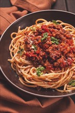 Spaghetti Bolognese, top view, close-up, no people, homemade