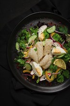 Salad of squid and vegetables, with egg, homemade, no people