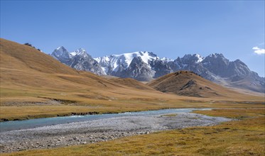 Mountain landscape with yellow meadows, Kol Suu River and mountain peaks with glaciers, Keltan