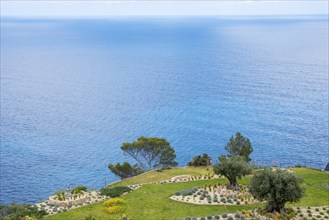 Peaceful sea view with terraced garden, green grass areas, rocky beds and trees in spring, rock