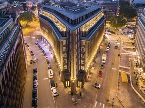 Aerial view of the Kontorhaus Chilehaus in Hamburg's Kontorhaus district at the blue hour, Hamburg,