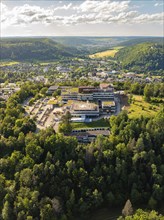 Aerial view of a town in green surroundings, many houses and a large building on a hill, blue