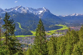 View from Wank 1780m to valley, village and Zugspitzgruppe 2962m, Garmisch-Partenkirchen,