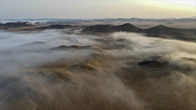 Coastal fog over the desert, aerial view, Hoarusib dry river, Kaokoveld, Kunene region, Namibia,