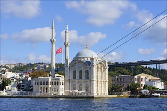 Ortakoy Mosque or Grand Mecidiye Mosque under the Bosphorus Bridge, Besiktas, Istanbul, Turkey,