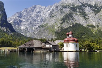 Pilgrimage church St. Bartholomä at Königssee in front of the Watzmann, Berchtesgaden National