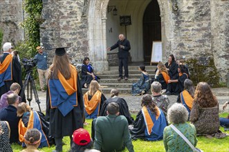 Satish Kumar speaking at graduation event, Schumacher College, Dartington Hall estate, Totnes,