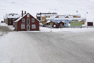 Houses in different colours, winter landscape, research settlement, scientific settlement,