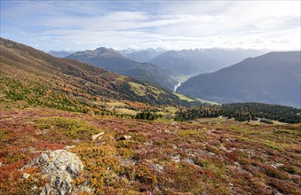 View of the mountain panorama and the Upper Inn Valley in the morning light, Krahberg on the Venet