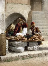 Bread seller in Jerusalem, today Israel, Historical, digitally restored reproduction from a 19th