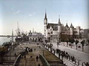 View of the Steen with the harbour, Antwerp, Belgium, ca 1890, Historic, digitally restored