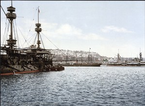 Harbour with warships, Algiers, Algeria, ca 1890, Historical, digitally restored reproduction from