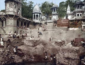 Benares, Varanasi. Burning Ghat, India, digitally restored reproduction from a 19th century