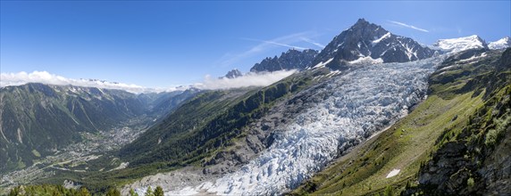 Panorama, mountain landscape with glacier Glacier des Bossons and summit of the Aiguille du Midi,