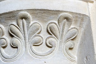 Carved stonework of stone columns, church of Saint George, Ogbourne St George, Wiltshire, England,