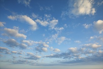 Fleecy clouds adorn the blue evening sky