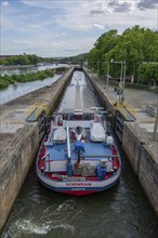 Barge in a lock of the Main near Heiligenbrücke, Würzburg, Unterfanken, Bavaria, Germany, Europe