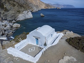 Chapel in the bay of St Anna, Amorgos, Cyclades, Greece, Europe