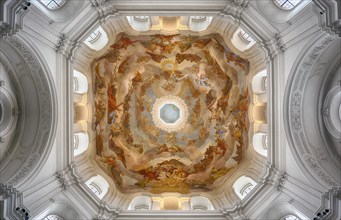 Interior view, dome with ceiling fresco, Neumünster parish church, Würzburg, Lower Franconia,