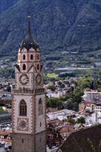 View from the Tappeinerweg trail to Merano with parish church, parish church of St. Nicholas,