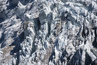 Glacier ice, rutted glacier with crevasses, Glacier des Bossons, Chamonix, Haute-Savoie, France,