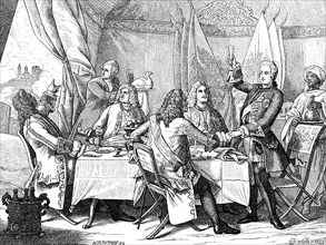 Crown Prince Frederick in the camp of Prince Eugene of Savoy, banqueting table, eating, drinking,