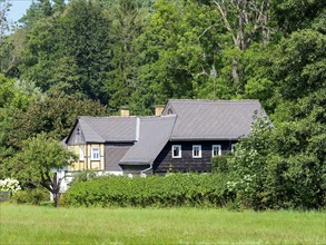 Old half-timbered houses, villages and green countryside, Marenice, Lusatian Mountains, Bohemia,
