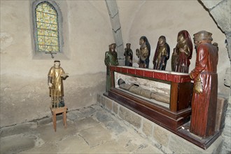 Life-size polychrome wooden entombment at Eglise Saint-Roch in Aubazat, Haute-Loire, Haut Allier,