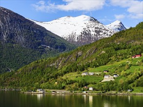 Mountains and Fjord over Norwegian Village, Olden, Innvikfjorden, Norway, Europe