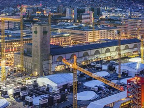 Central station, Stuttgart 21 construction site, Bonatz building and station tower. The new through