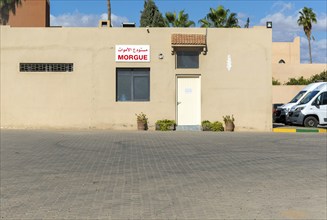 Sign for morgue on hospital building, Taroudant, Sous Valley, Morocco, north Africa, Africa