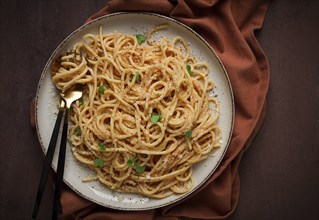 Spaghetti carbonara, in creamy garlic sauce, pasta in white sauce, homemade, no people